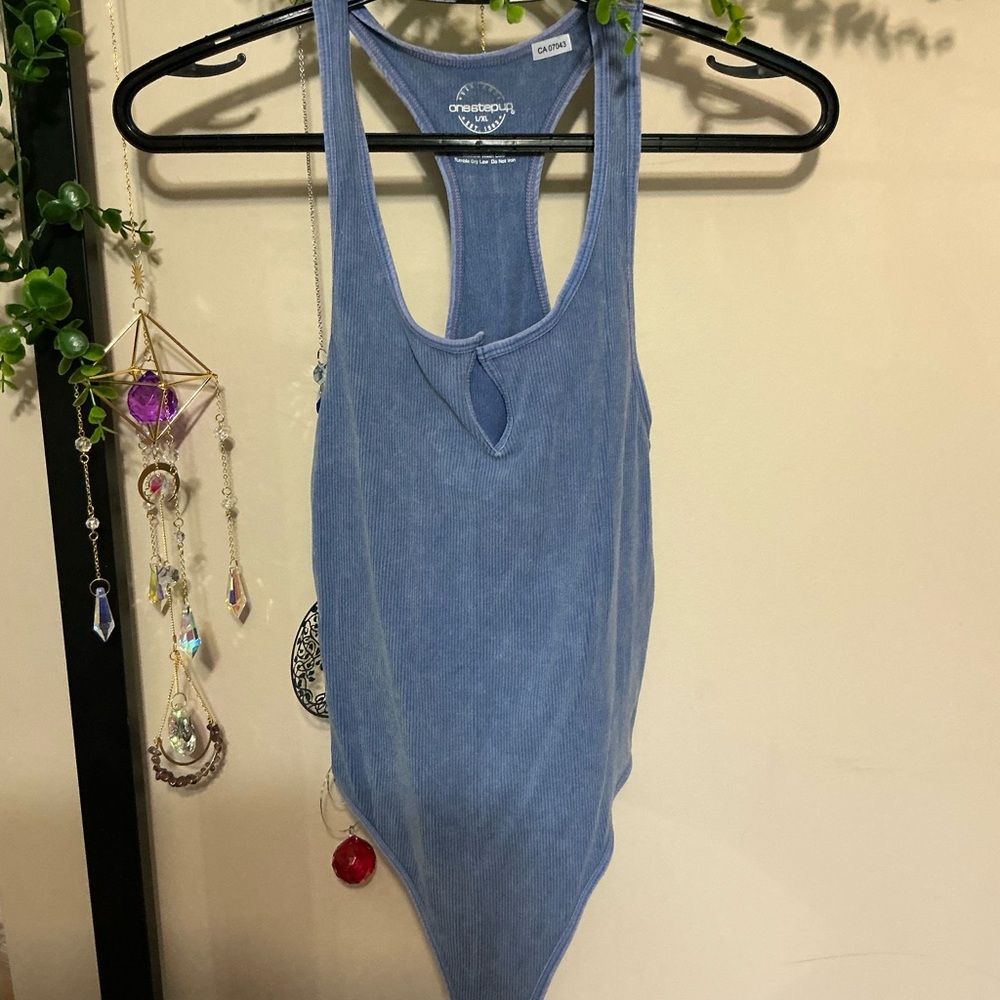 One step Blue Sleeveless Cut Out Bodysuit